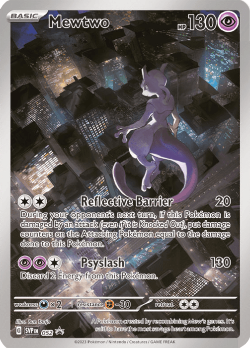 A Mewtwo (052) [Scarlet & Violet: Black Star Promos] card from the Pokémon series depicts Mewtwo in a night cityscape, suspended mid-air with a glowing aura. The Psychic card has 130 HP and features two attacks: "Reflective Barrier" and "Psyslash." Text below the card reveals its attributes and additional gameplay information.