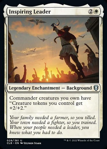 A Magic: The Gathering card titled "Inspiring Leader [Commander Legends: Battle for Baldur's Gate]." It is a Legendary Enchantment with a cost of 2W. The card art depicts a triumphant figure raising a fist in the air, surrounded by an adoring crowd with a sunset backdrop. The card grants creature tokens the ability of +2/+2.
