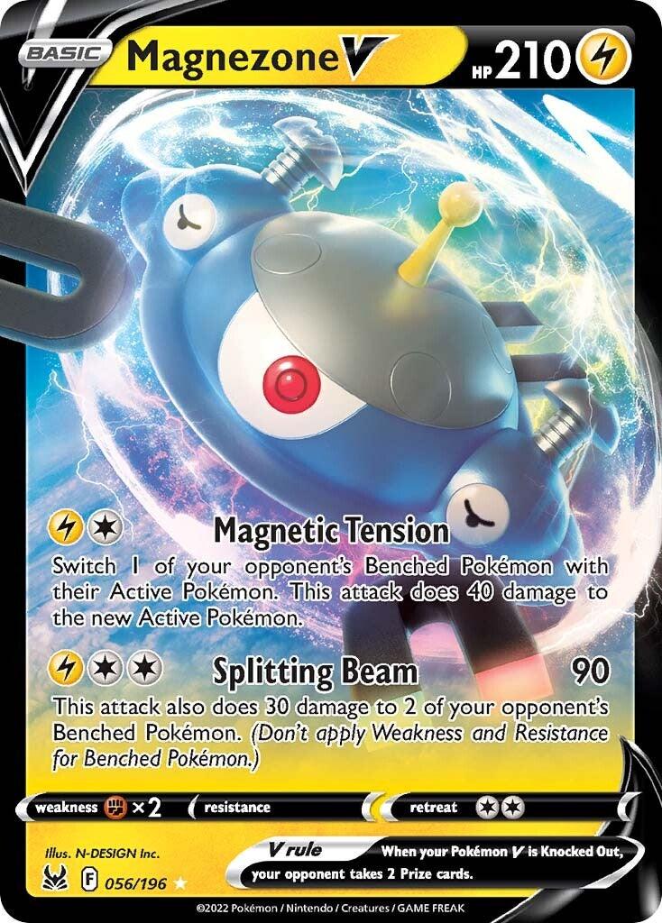 Sure, here is the revised sentence with the product and brand name included:

A Pokémon trading card featuring Magnezone V (056/196) [Sword & Shield: Lost Origin]. This Ultra Rare card by Pokémon depicts the metallic, magnet-shaped Pokémon amidst a blue, electric background. The card details its 