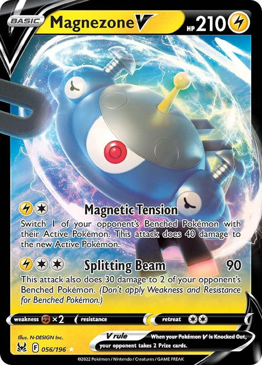 Sure, here is the revised sentence with the product and brand name included:

A Pokémon trading card featuring Magnezone V (056/196) [Sword & Shield: Lost Origin]. This Ultra Rare card by Pokémon depicts the metallic, magnet-shaped Pokémon amidst a blue, electric background. The card details its "Magnetic Tension" and "Splitting Beam" attacks, with 210 HP. Weakness to Fighting, no Resistance, and a Retreat Cost of one energy are shown.