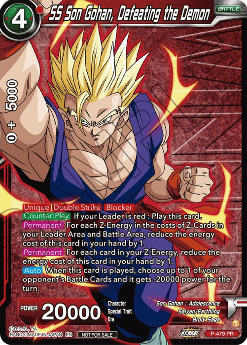 A Dragon Ball Super trading card featuring SS Son Gohan, Defeating the Demon (Zenkai Series Tournament Pack Vol.3 Winner) (P-479) [Tournament Promotion Cards]. He is depicted with intense yellow hair and a blue and red outfit. The card details various game stats and abilities, with a red and black background highlighting its powerful attributes.