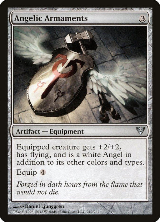 A Magic: The Gathering product named "Angelic Armaments [Avacyn Restored]." This Artifact Equipment features art of a winged, glowing shield with a red cross and a sword strapped to it. Text reads, "Equipped creature gets +2/+2, has flying, and is a white Angel in addition to its other colors and types. Equip 4.