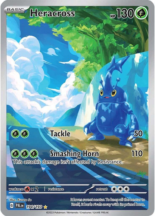 A Pokémon Heracross (194/193) [Scarlet & Violet: Paldea Evolved] card with 130 HP. The Illustration Rare artwork depicts Heracross standing on a grassy hill with a scenic background of clouds and mountains. The card shows two moves: Tackle (50 damage) and Smashing Horn (110 damage). Numbered 194/193, illustrated by Kurata So.