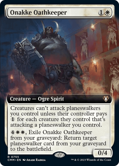 The image is of a Magic: The Gathering card named "Onakke Oathkeeper (Extended Art) [Commander Masters]" from Commander Masters. It is a white card that costs 1W and is a Creature — Ogre Spirit with a power/toughness of 0/4. The card art depicts a large, armored ogre holding a gigantic axe. Its key abilities involve protecting planeswalkers.
