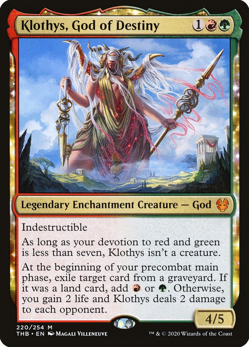 The "Magic: The Gathering" card "Klothys, God of Destiny [Theros Beyond Death]" requires one red mana, one green mana, and one colorless mana to play. This indestructible legendary enchantment creature has 4/5 power and toughness, showcasing detailed artwork of the deity holding a staff adorned in red and gold.