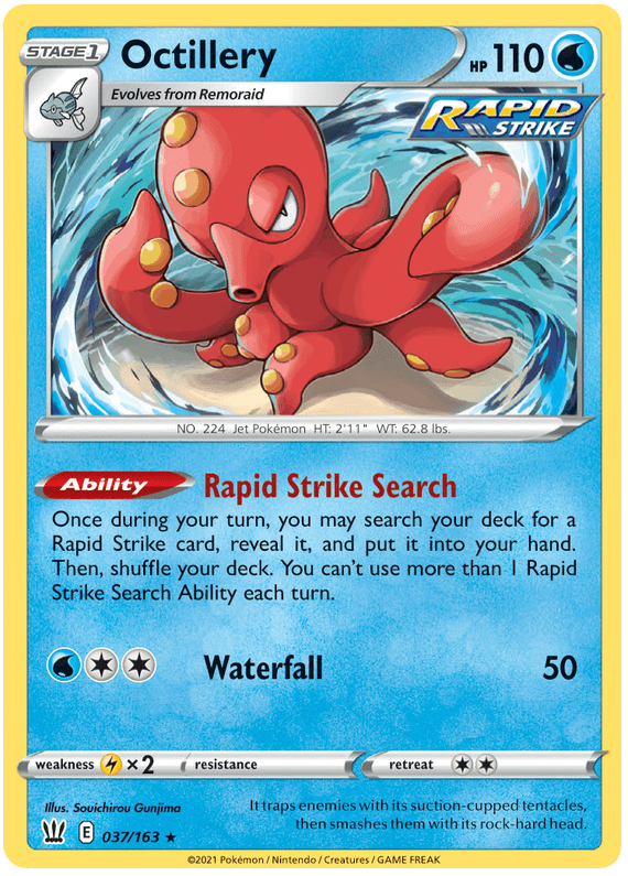 The image displays the Octillery (037/163) card from the Pokémon Sword & Shield: Battle Styles series. This Holo Rare card features a Stage 1 Octillery with 110 HP, evolving from Remoraid. It showcases abilities such as 