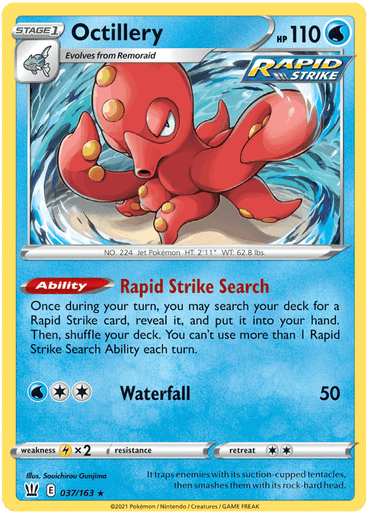 The image displays the Octillery (037/163) card from the Pokémon Sword & Shield: Battle Styles series. This Holo Rare card features a Stage 1 Octillery with 110 HP, evolving from Remoraid. It showcases abilities such as "Rapid Strike Search" and "Waterfall," which deals 50 damage, along with an illustration of the orange octopus-like creature in swirling water.