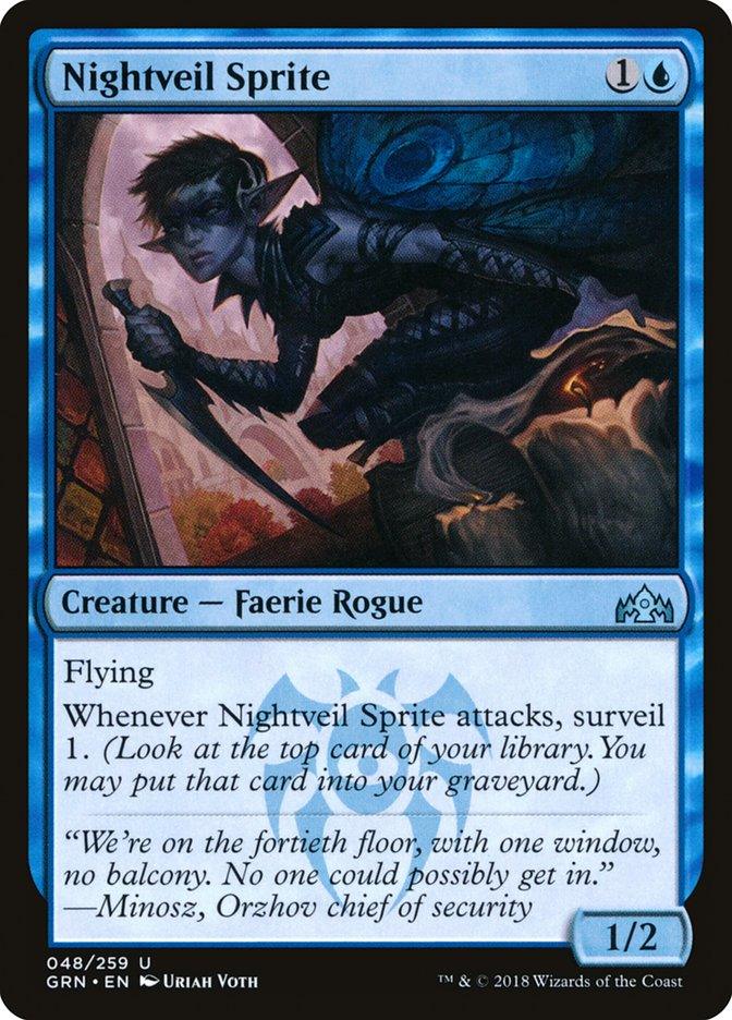 Here is a revised version of the sentence using the provided product data:

The Magic: The Gathering card, Nightveil Sprite [Guilds of Ravnica], features a blue Faerie Rogue with dark wings in a night setting. It costs one blue and one generic mana and is illustrated by Uriah Voth. The card text details the sprite's unique abilities.