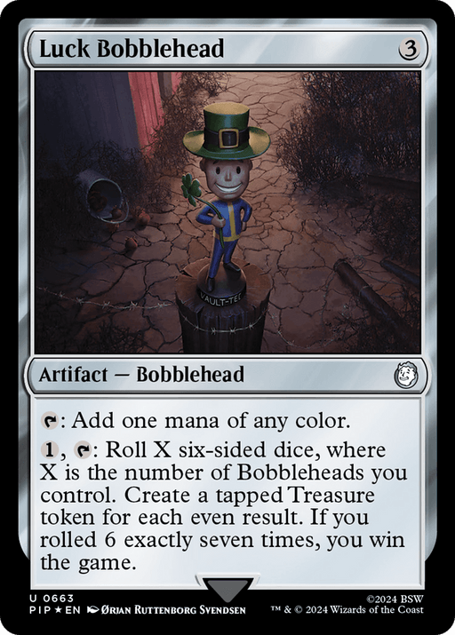 The image displays a Magic: The Gathering card named "Luck Bobblehead (Surge Foil) [Fallout]." It costs 3 mana and is an Artifact - Bobblehead. The card features a leprechaun bobblehead figure holding a staff, standing on a barrel in a dimly lit environment with cobblestone ground.