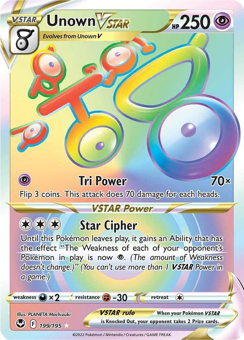 A Pokémon trading card featuring Unown VSTAR with 250 HP from the Silver Tempest series. The card has a silver border and showcases the Pokémon as a group of stylized, floating letters. Two attacks are detailed: "Tri Power" and "Star Cipher." It's a Secret Rare, number Unown VSTAR (199/195) [Sword & Shield: Silver Tempest], illustrated by PLANETA Mochizuki.