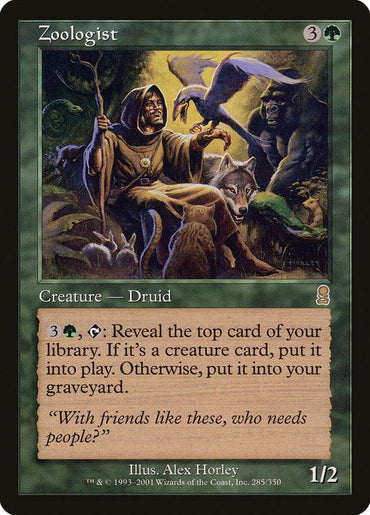 The Magic: The Gathering card "Zoologist" from the Odyssey set showcases a Human Druid alongside animals such as a wolf, monkey, and bird. It features a green border and includes information on casting cost, power/toughness, and ability text. Artwork credits appear with the flavor text: "With friends like these, who needs people?