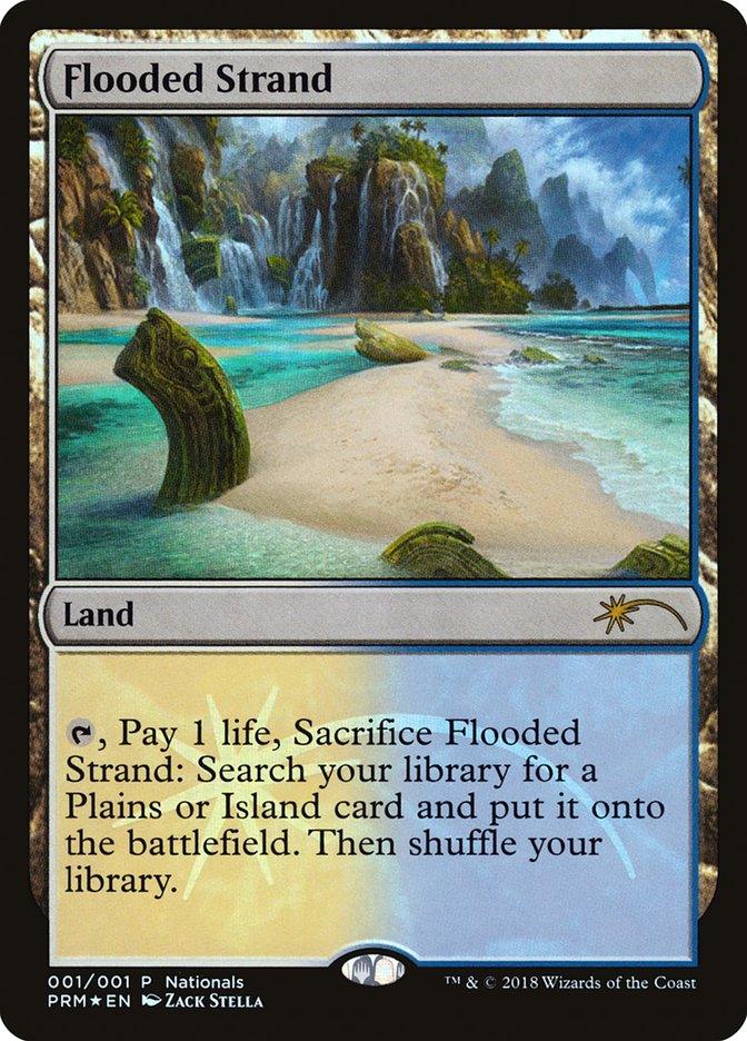 The Magic: The Gathering card "Flooded Strand (Nationals) [Nationals Promos]" features a vibrant depiction of a tropical island, complete with a sandy path winding through crystal-clear turquoise waters and leading to lush green cliffs under a partly cloudy sky. As a land type, it incorporates detailed Plains gameplay instructions at the bottom.