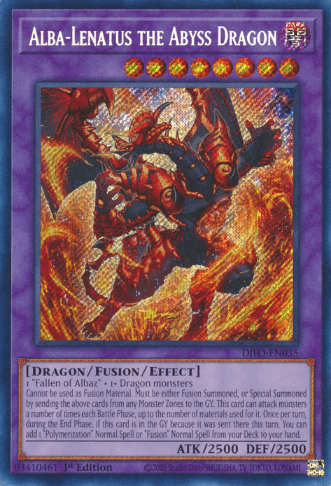 A Yu-Gi-Oh! trading card titled "Alba-Lenatus the Abyss Dragon [DIFO-EN035] Secret Rare." This Secret Rare Fusion/Effect Monster features red and brown scales, multiple wings, and fierce claws set against a fiery, swirling background. It boasts ATK 2500 and DEF 2500, detailing its Fusion/Special Summoning effects from Dimension Force.