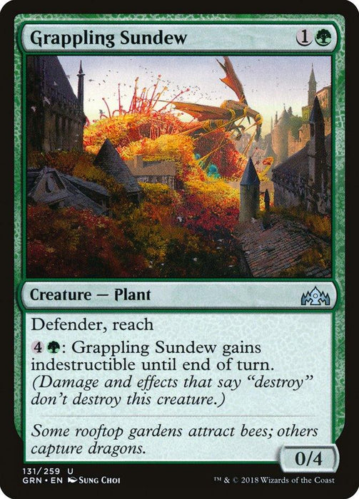 Grappling Sundew [Guilds of Ravnica]" from Magic: The Gathering features a titanic plant on a rooftop, snaring a bird with its tendrils. This Creature — Plant costs 1 generic and 1 green mana, has defender and reach abilities, and boasts a special ability for 4 generic and 1 green mana. Its power and toughness are 0/4.