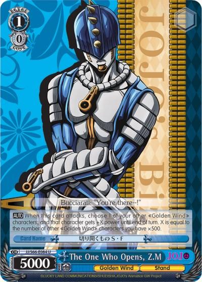 A character card titled "The One Who Opens, Z.M (JJ/S66-E084 U) [JoJo's Bizarre Adventure: Golden Wind]" from the Bushiroad series. The card features a blue humanoid figure with segmented armor and zipper motifs. It has several stats and features including a power of 5000, with details in Japanese and English.