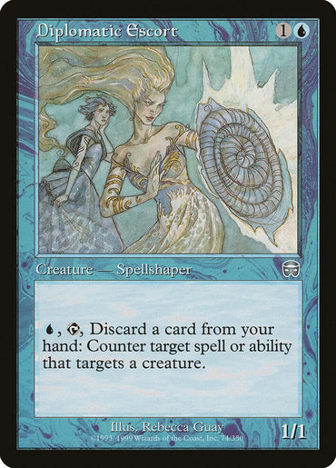 The Magic: The Gathering card "Diplomatic Escort" from the Mercadian Masques set features two ghostly figures, one adorned in flowing robes and glowing light, holding a nautilus shell. This blue-bordered Creature - Spellshaper is illustrated by Rebecca Guay, capable of countering spells, and has a power/toughness of 1/1.