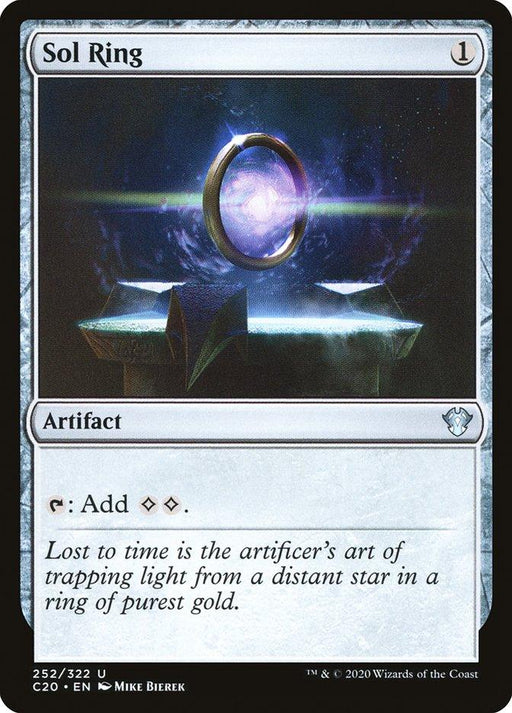 A Magic: The Gathering product titled "Sol Ring [Commander 2020]" from the Magic: The Gathering brand. It features a glowing ring levitating above a metallic pedestal, beams of light emitting from it. An artifact with the ability {T}: Add {C}{C}. Flavor text reads: "Lost to time is the artificer's art of trapping light from a distant star in purest gold.