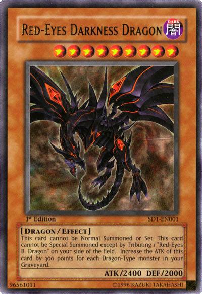 A "Yu-Gi-Oh!" trading card featuring Red-Eyes Darkness Dragon [SD1-EN001] Ultra Rare. This Ultra Rare Effect Monster showcases a dark, menacing dragon with glowing red eyes and intricate black and red armor. Below the image, text details the dragon's abilities from the Dragon's Roar set, including ATK 2400 and DEF 2000.