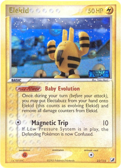 A rare Pokémon Elekid (23/115) (Stamped) [EX: Unseen Forces] card featuring Elekid. The card has yellow borders and depicts Elekid, a Basic Electric-type Pokémon with 50 HP. It has two abilities: "Baby Evolution" and "Magnetic Trip," which deals 10 Lightning damage. The card is numbered 23/115 and is from the Unseen Forces series.
