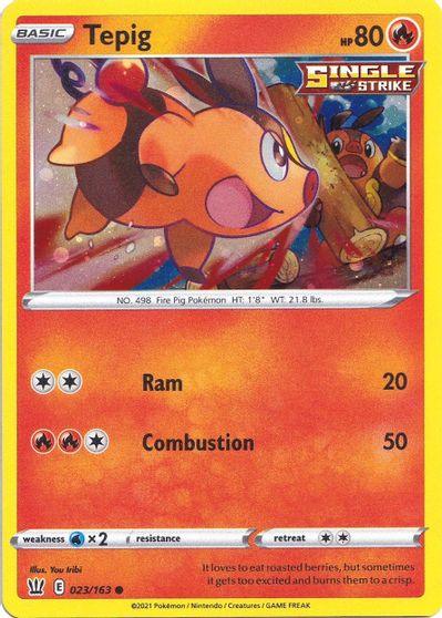 A Pokémon Tepig (023/163) (Cosmos Holo) [Sword & Shield: Battle Styles] trading card featuring Tepig from the Sword & Shield Battle Styles series. Tepig, a small, orange, pig-like Pokémon with large ears and Fire abilities, is at the center. It has an HP of 80 and is labeled as a Single Strike card with attacks 