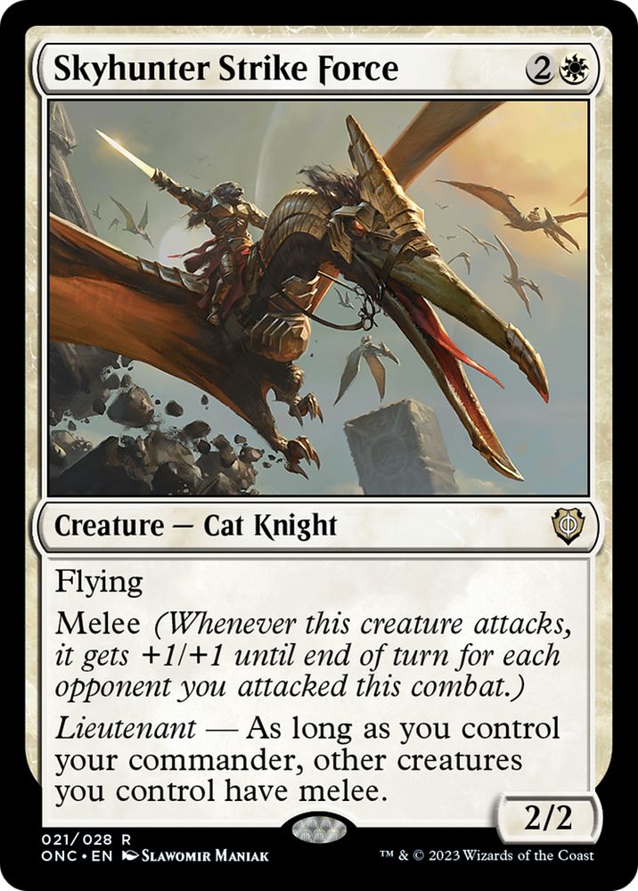 A Magic: The Gathering card titled "Skyhunter Strike Force" from the Phyrexia: All Will Be One Commander set. This Cat Knight costs two white and one colorless mana, boasting 2 attack and 2 defense. Featuring Flying Melee, its Lieutenant ability grants melee to other creatures if the commander is in control.