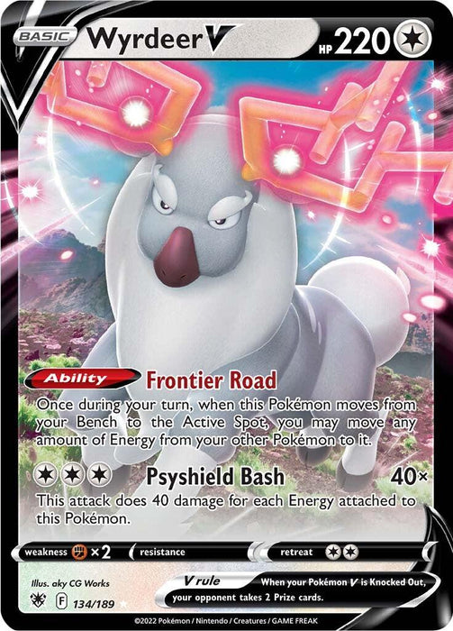 A Pokémon Trading Card titled "Wyrdeer V (134/189) [Sword & Shield: Astral Radiance]" with 220 HP from the Astral Radiance expansion of the Sword & Shield series by Pokémon. This Ultra Rare card features Wyrdeer, a white and gray deer-like Pokémon with glowing antlers. It includes abilities "Frontier Road" and the attack "Psyshield Bash," dealing 40 damage. Weakness: Dark-type.