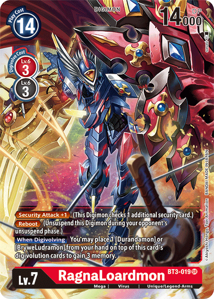 The RagnaLoardmon [BT3-019] trading card from the Digimon Release Special Booster Ver.1.5 set features a robotic Digimon with red and black armor, spikes, gold accents, and large weapons. This Super Rare Level 7 card has a play cost of 14, boasts 14000 DP, offers Security Attack +1, and provides memory gain when Digivolving.