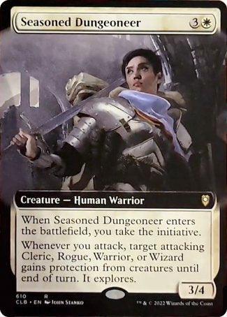 A Magic: The Gathering card titled "Seasoned Dungeoneer (Extended Art) [Commander Legends: Battle for Baldur's Gate]" from Magic: The Gathering. This Human Warrior, with a serious expression, wields a sword and dons armor. The card has a mana cost of 3 generic and 1 white, with power and toughness of 3/4. Its abilities in combat are inspired by Baldur's Gate adventures.