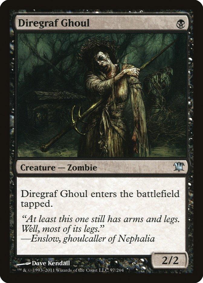 The Magic: The Gathering card "Diregraf Ghoul [Innistrad]," illustrated by Dave Kendall, is set in the dark, eerie woods of Innistrad. It depicts a decayed zombie holding a weapon with the card text stating: "Diregraf Ghoul enters the battlefield tapped." Its flavor text reads, “At least this one still has arms and legs...