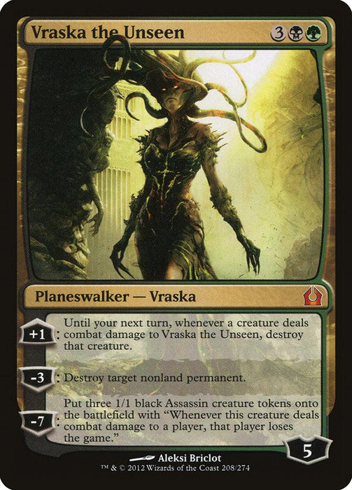 A Magic: The Gathering card from the Return to Ravnica set featuring Vraska the Unseen [Return to Ravnica], a Legendary Planeswalker. Vraska is depicted as a dark, serpentine figure with a crown of snakes. The card's abilities include three loyalty abilities: +1, -3, and -7. The card's border is black and green, and its artist is Aleksi Bric.