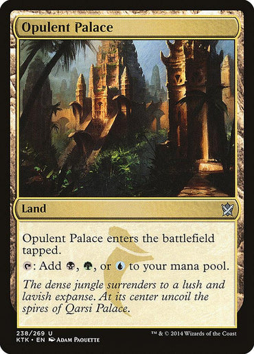 A Magic: The Gathering card named "Opulent Palace [Khans of Tarkir]," from the Khans of Tarkir set, features a land type. The card's art depicts an opulent, golden palace nestled in a dense jungle, with illuminated spires in the background. It enters the battlefield tapped and can generate black, green, or blue mana.