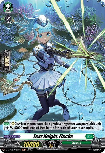 A "Cardfight!! Vanguard" trading card from Bushiroad, featuring the Aquaroid warrior "Tear Knight, Fleche (D-BT05/H50EN) [Triumphant Return of the Brave Heroes]." This blue-haired character is dressed in an aquatic-themed outfit and wields a large spear, boasting a power of 10000 and a grade of 2. The background showcases an underwater scene inspired by Triumphant Return of the Brave Heroes.