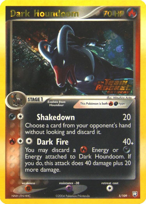 A Pokémon trading card titled "Dark Houndoom (5/109) (Stamped) [EX: Team Rocket Returns]" with a yellow and black gradient background. The card features a dark Houndoom with red eyes and bone-like structures around its neck and back. It has 70 HP and offers two abilities: "Shakedown" (20 damage) and "Dark Fire" (40+ damage).