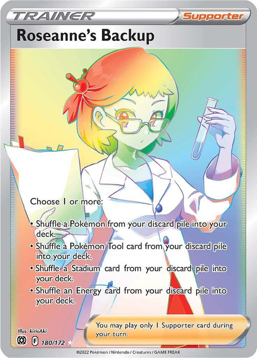 A Pokémon Trainer card titled "Roseanne's Backup (180/172) [Sword & Shield: Brilliant Stars]" from the Pokémon series. It features a female character with short, multicolored hair, glasses, and a white lab coat, holding a test tube. The text provides options to shuffle Brilliant Stars-related items from the discard pile into the deck.