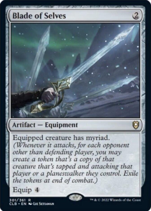 The image is of a Magic: The Gathering card named "Blade of Selves [Commander Legends: Battle for Baldur's Gate]." It is an Equipment Artifact card with an equip cost of 4, featured in Commander Legends: Battle for Baldur's Gate. The card art depicts a gloved hand holding an ornate, glowing sword against a snowy, mountainous landscape. The card text details the "myriad" ability.