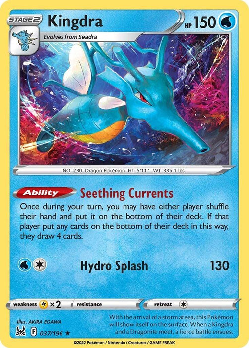 A Pokémon trading card depicting Kingdra, a dragon-type creature evolving from Seadra. This Holo Rare card from the Sword & Shield: Lost Origin series has 150 HP, an ability named "Seething Currents," and an attack called "Hydro Splash" with 130 damage. Kingdra (037/196) [Sword & Shield: Lost Origin] by Pokémon is shown as a blue sea dragon swimming underwater against a water-themed blue background.