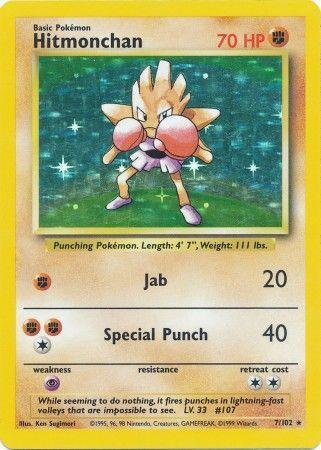 A Pokémon trading card features Hitmonchan (7/102) [Base Set Unlimited], a Basic Pokémon with 70 HP. The card, from the Base Set Unlimited series, showcases a Holo Rare illustration of Hitmonchan wearing red boxing gloves. The attacks listed are Jab with 20 damage and Special Punch with 40 damage, along with various Pokémon card details and symbols.