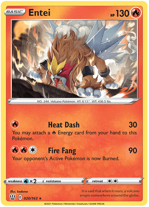 A Pokémon trading card featuring Entei (020/163) [Sword & Shield: Battle Styles] from the Pokémon series. Entei, depicted as a large, lion-like creature with a fiery mane, stands amidst flames. The card displays Entei’s stats: 130 HP, height of 6'11", and weight of 436.5 lbs. It lists two Fire moves, Heat Dash and Fire Fang.