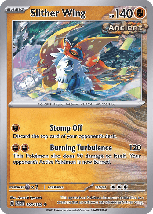 A Slither Wing (107/182) [Scarlet & Violet: Paradox Rift] Pokémon card from the Scarlet & Violet–Paradox Rift series. This uncommon card has 140 HP and is labeled as "Ancient." The vibrant artwork features the Pokémon in a dynamic flying pose. Moves include Stomp Off and Burning Turbulence, and it has a Psychic weakness with a Retreat Cost of two.