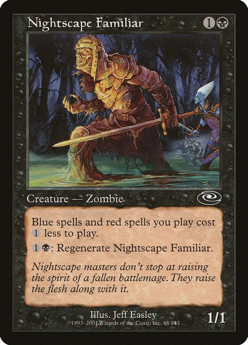 An image of the Magic: The Gathering card "Nightscape Familiar [Planeshift]." The card features artwork of a zombie creature wielding a sword, with a ghostly figure in the background. It has a casting cost of 1B and abilities reducing blue and red spells by 1, regenerating with 1B. Illustrated by Jeff Easley.