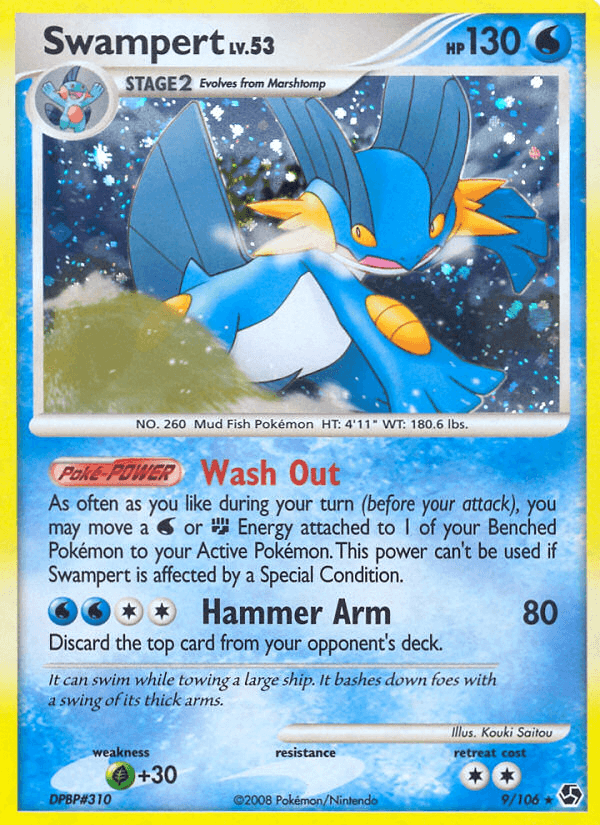 Swampert (9/106) [Diamond & Pearl: Great Encounters] from the Pokémon series featuring Swampert, Lv. 53, with 130 HP. The Holo Rare card artwork shows Swampert standing in water, raising its arm. Its moves are 