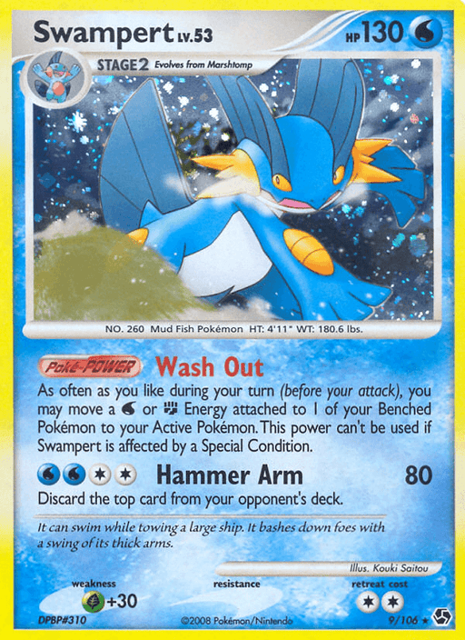 Swampert (9/106) [Diamond & Pearl: Great Encounters] from the Pokémon series featuring Swampert, Lv. 53, with 130 HP. The Holo Rare card artwork shows Swampert standing in water, raising its arm. Its moves are "Wash Out" and "Hammer Arm." It has a weakness to lightning by 30 points and a retreat cost of four energy. Number 9
