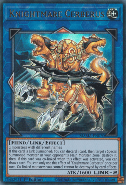 A Yu-Gi-Oh! trading card titled "Knightmare Cerberus [MAMA-EN070] Ultra Rare," featuring an illustration of a three-headed, armored beast with chains. The attributes listed include "Fiend/Link/Effect," ATK 1600, LINK-2, and it showcases specific effects and summoning requirements. This Ultra Rare card's border is blue.