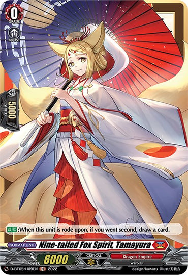 A trading card called "Nine-tailed Fox Spirit, Tamayura (D-BT05/H09EN)" from the "Triumphant Return of the Brave Heroes" series by Bushiroad features a character named Nine-tailed Fox Spirit, Tamayura from the Dragon Empire. The character is a female warbeast with long blonde hair, dressed in a red and white traditional kimono, and holding a closed umbrella. The holo card text includes gameplay instructions and unit attributes.