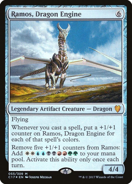 A "Ramos, Dragon Engine [Commander 2017]" Magic: The Gathering card from Magic: The Gathering. It features a mechanized dragon with extended wings against a blue sky background. This Legendary Artifact Creature costs 6 mana and has abilities related to casting spells, gaining counters, and mana generation. Power/Toughness: 4/4.