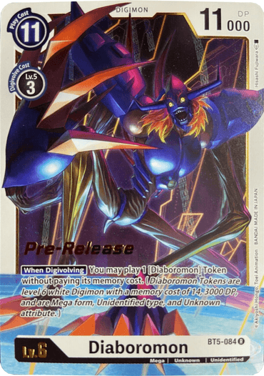 A Digimon card from the Battle of Omni series, specifically a Pre-Release Promo featuring Diaboromon [BT5-084], showcases a dark, humanoid Digimon with an insect-like appearance. It has menacing red eyes, sharp claws, and numerous dark cables extending from its back. The card indicates "LV.6," "Play Cost: 11," and "DP: 11,000.