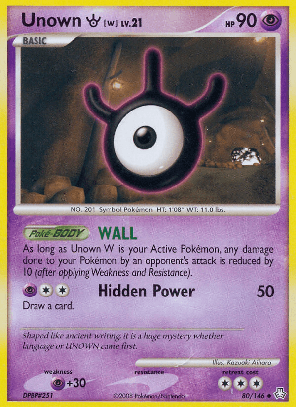 An Unown W (80/146) [Diamond & Pearl: Legends Awakened] trading card from the Pokémon brand. It features Unown W, a Psychic-type, level 21, with 90 HP. The card lists its abilities: 