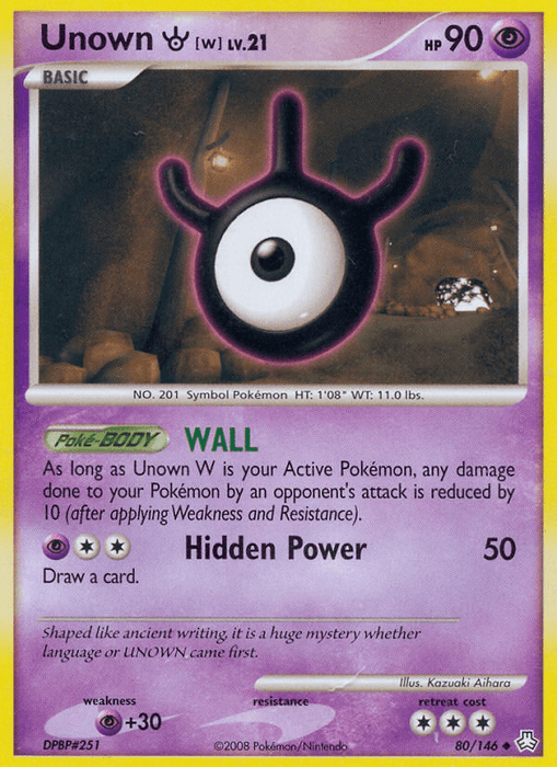 An Unown W (80/146) [Diamond & Pearl: Legends Awakened] trading card from the Pokémon brand. It features Unown W, a Psychic-type, level 21, with 90 HP. The card lists its abilities: "WALL" and "Hidden Power," which deals 50 damage. From the Legends Awakened series, it's card number 80/146, illustrated by Kouki Aihara, from the 2008 Pokémon/Nintendo collection.