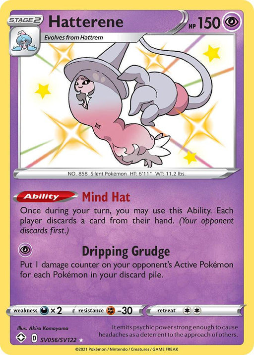 A Pokémon trading card for Hatterene (SV056/SV122) [Sword & Shield: Shining Fates] from the Shining Fates set. This Ultra Rare card depicts Hatterene floating with flowing pink hair and a calm expression. It is a Stage 2 Psychic-type Pokémon with 150 HP, featuring "Mind Hat" and "Dripping Grudge." The card's illustration is by Akira Komayama.