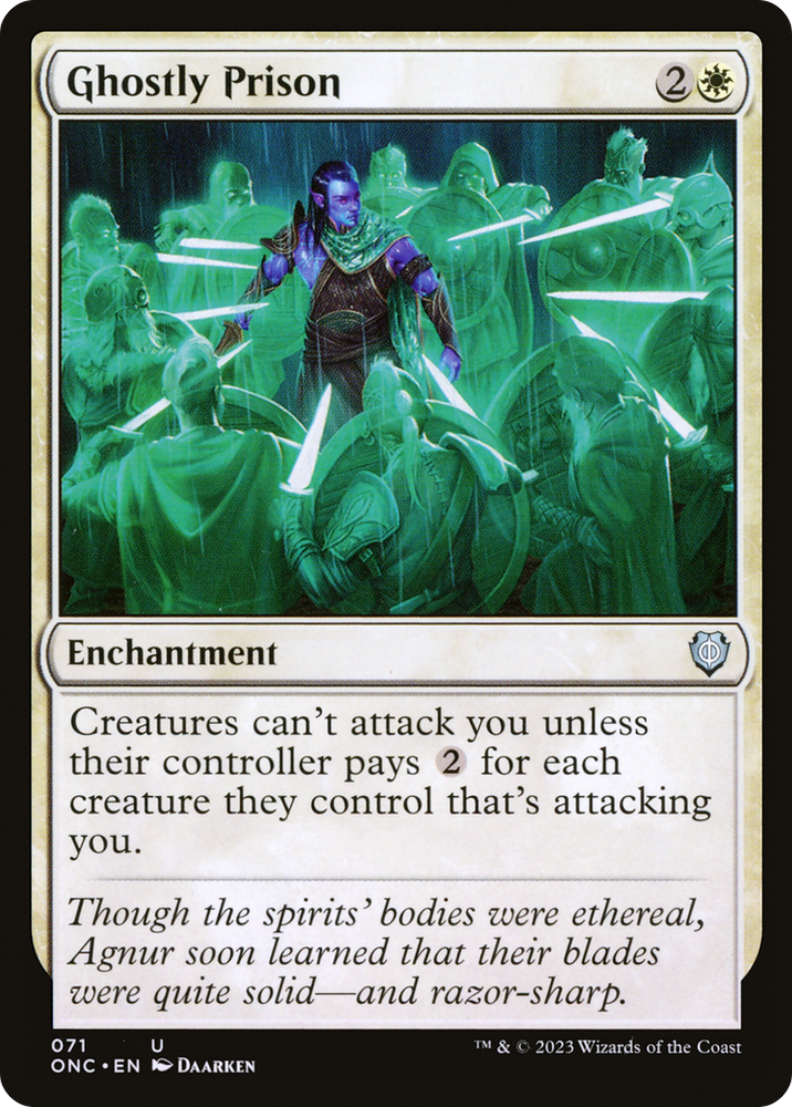 The Magic: The Gathering card "Ghostly Prison" from the Phyrexia: All Will Be One Commander set is an uncommon enchantment. The artwork features a figure in purple robes encircled by glowing spirits wielding swords, and its text specifies an effect that requires opponents to pay extra to attack.